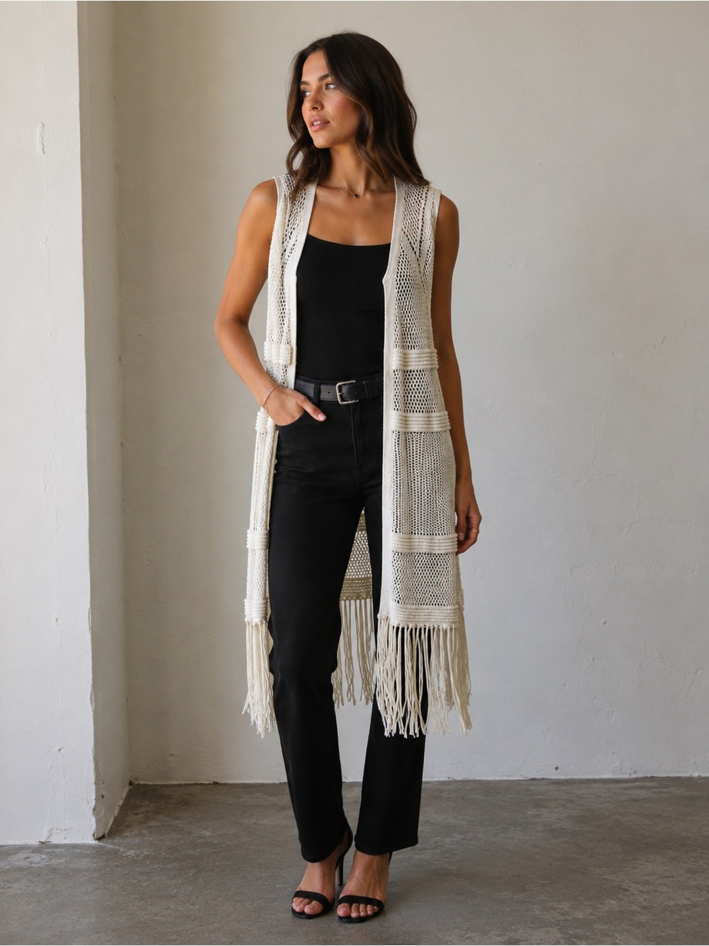 PH5 Elegant Cream Vest with Leather Fringe-sz Small! Summer must have!!